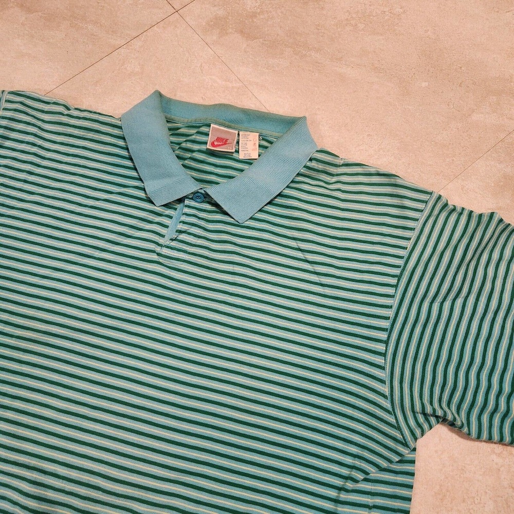 VTG 90s NIKE Grey‎ Tag Mens XL Striped Polo T Shirt Blue Green Rugby Swoosh